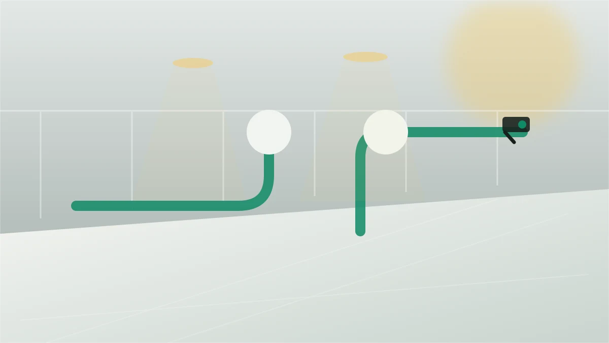 Utility pump room with piping, controls, lighting, and monitoring context